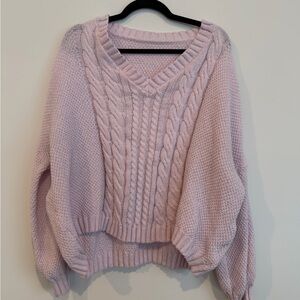 SHEIN Light Pink V-Neck Cropped Cable Knit Sweater